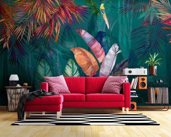 Fototapet Frunze și păsări tropicale colorate, Fototapet acuarelă, Fototapet populare, u60120 - Tapeko.ro