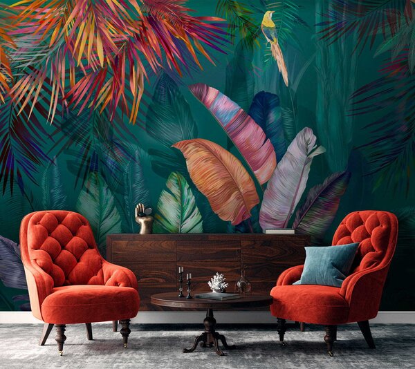 Fototapet Frunze și păsări tropicale colorate, Fototapet acuarelă, Fototapet populare, u60120 - Tapeko.ro