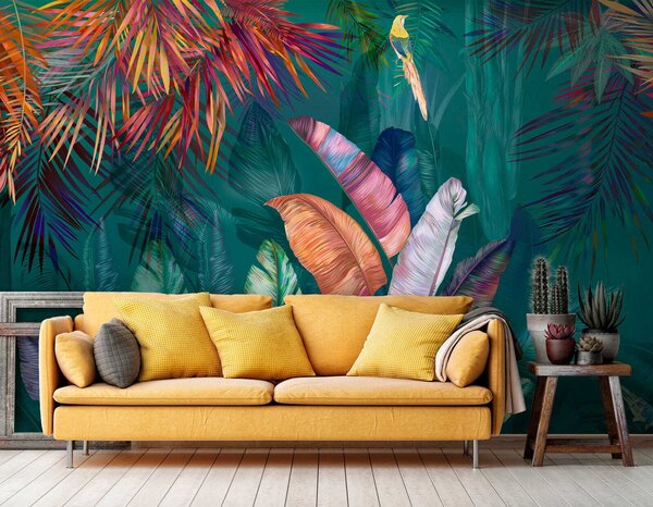 Fototapet Frunze și păsări tropicale colorate, Fototapet acuarelă, Fototapet populare, u60120 - Tapeko.ro