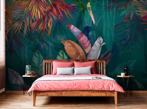 Fototapet Frunze și păsări tropicale colorate, Fototapet acuarelă, Fototapet populare, u60120 - Tapeko.ro