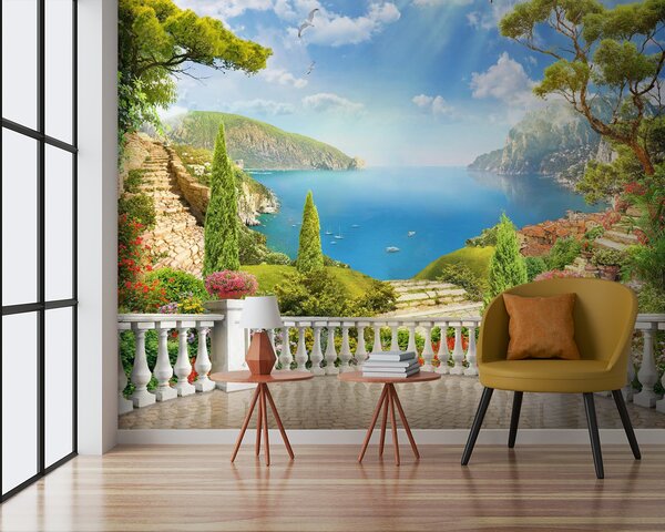 Fototapet Balcon cu vedere la un lac și la copaci, Fototapet munți, Fototapet populare, u60261 - Tapeko.ro