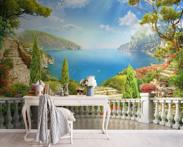 Fototapet Balcon cu vedere la un lac și la copaci, Fototapet munți, Fototapet populare, u60261 - Tapeko.ro