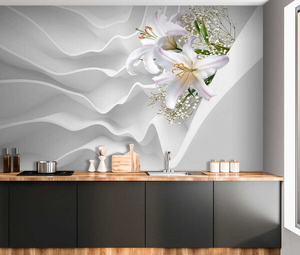 Fototapet Aranjament floral alb pe o suprafață albă, Fototapet flori 3D, Fototapet populare, u60451 - Tapeko.ro