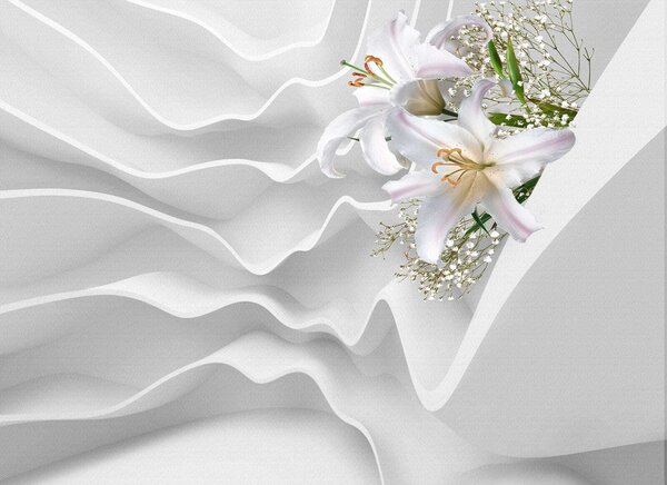 Fototapet Aranjament floral alb pe o suprafață albă, Fototapet flori 3D, Fototapet populare, u60451 - Tapeko.ro