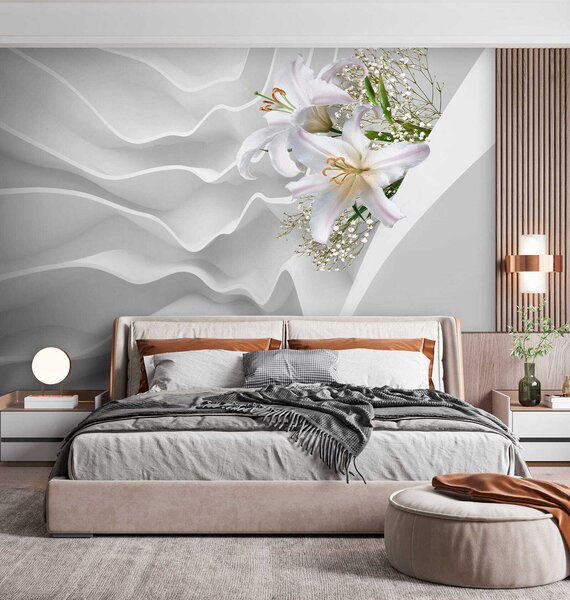 Fototapet Aranjament floral alb pe o suprafață albă, Fototapet flori 3D, Fototapet populare, u60451 - Tapeko.ro