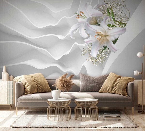 Fototapet Aranjament floral alb pe o suprafață albă, Fototapet flori 3D, Fototapet populare, u60451 - Tapeko.ro