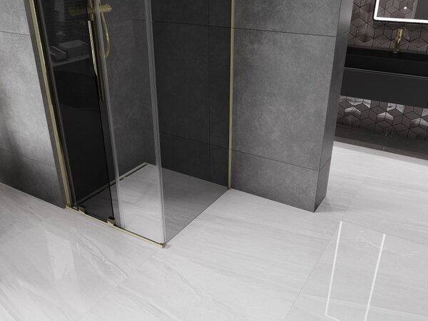 Mexen Velar, cabină de duș cu ușă glisantă 90 x 90 cm, sticlă gri 8 mm, auriu lucios, 871-090-090-41-50