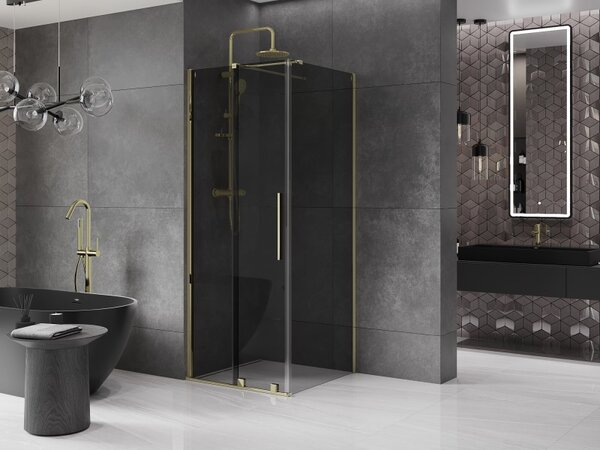 Mexen Velar, cabină de duș cu ușă glisantă 90 x 90 cm, sticlă gri 8 mm, auriu lucios, 871-090-090-41-50