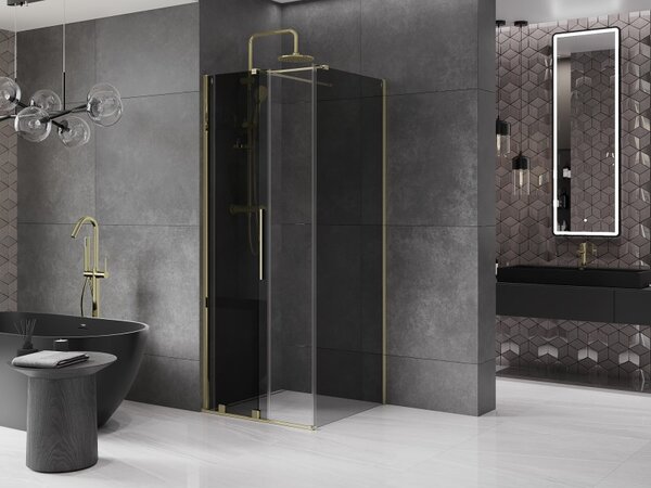 Mexen Velar, cabină de duș cu ușă glisantă 90 x 90 cm, sticlă gri 8 mm, auriu lucios, 871-090-090-41-50