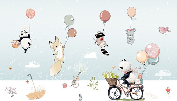 Fototapet Desen animat de animale pe o bicicletă, Fototapet copii, Fototapet populare, u62013 - Tapeko.ro