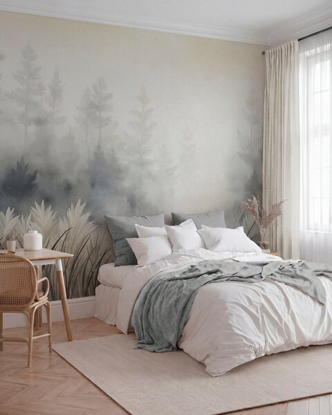 Tapet Peisaj cu iarbă sălbatică înaltă și pădure de pini, în stil minimalist cu texturi, Fototapet Natură, w10082 : Uwalls.ro