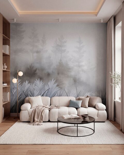Tapet Peisaj cu iarbă sălbatică înaltă și pădure de pini, în stil minimalist cu texturi, Fototapet Natură, w10082v1 : Uwalls.ro
