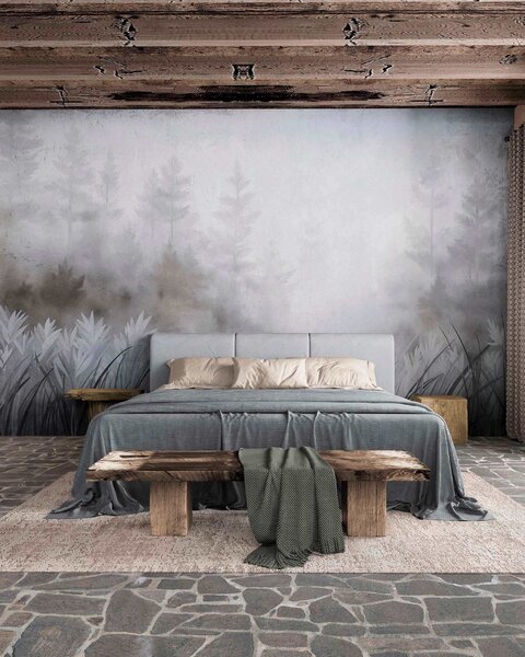 Tapet Peisaj cu iarbă sălbatică înaltă și pădure de pini, în stil minimalist cu texturi, Fototapet Natură, w10082v1 : Uwalls.ro