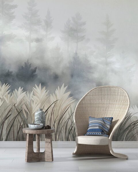 Tapet Peisaj cu iarbă sălbatică înaltă și pădure de pini, în stil minimalist cu texturi, Fototapet Natură, w10082 : Uwalls.ro