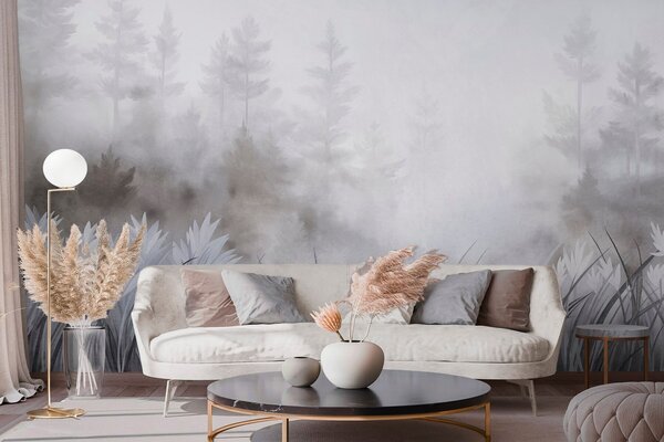 Tapet Peisaj cu iarbă sălbatică înaltă și pădure de pini, în stil minimalist cu texturi, Fototapet Natură, w10082v1 : Uwalls.ro