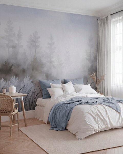 Tapet Peisaj cu iarbă sălbatică înaltă și pădure de pini, în stil minimalist cu texturi, Fototapet Natură, w10082v1 : Uwalls.ro