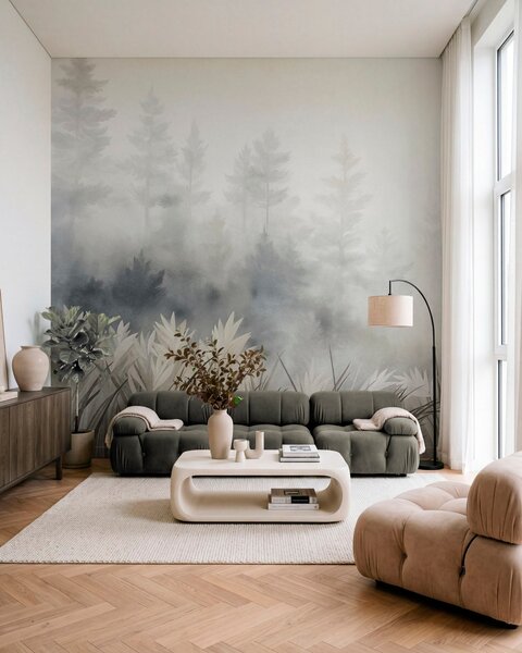 Tapet Peisaj cu iarbă sălbatică înaltă și pădure de pini, în stil minimalist cu texturi, Fototapet Natură, w10082 : Uwalls.ro