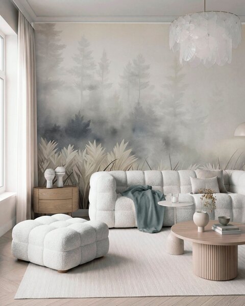 Tapet Peisaj cu iarbă sălbatică înaltă și pădure de pini, în stil minimalist cu texturi, Fototapet Natură, w10082 : Uwalls.ro