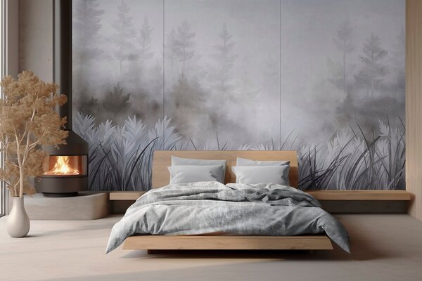 Tapet Peisaj cu iarbă sălbatică înaltă și pădure de pini, în stil minimalist cu texturi, Fototapet Natură, w10082v1 : Uwalls.ro