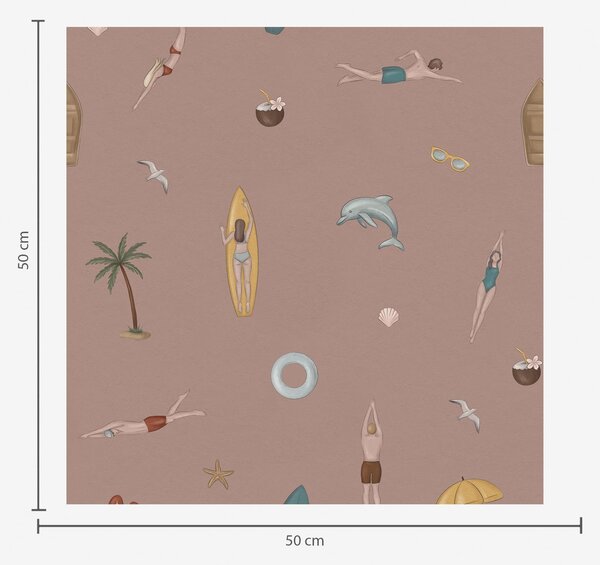 Tapet Motive cu înotători, delfini și elemente tropicale pe un fundal roz, Tapet unic, a01275v1 : Uwalls.ro