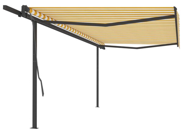 Copertină retractabilă manual, cu stâlpi, galben & alb, 5x3 m