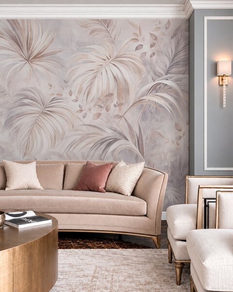 Tapet Vegetație tropicală luxuriantă în nuanțe pastelate, Fototapet Natură, Fototapet cu frunze de palmier, w05956v1 : Uwalls.ro
