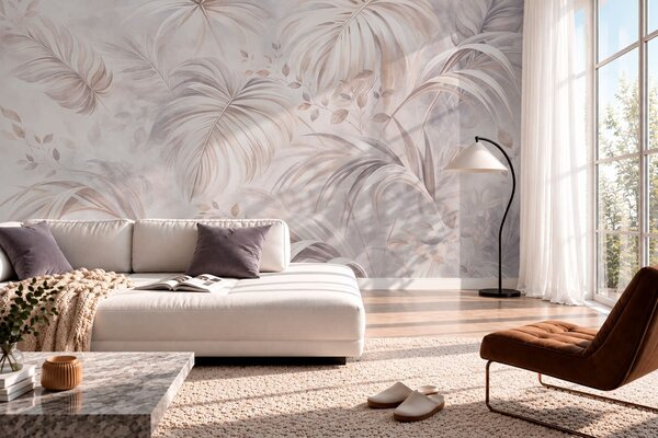 Tapet Vegetație tropicală luxuriantă în nuanțe pastelate, Fototapet Natură, Fototapet cu frunze de palmier, w05956v1 : Uwalls.ro