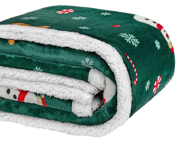 Patura miel de Craciun din microplus SNOWMAN AND GINGERBREAD verde inchis Dimensiuni: 200 x 220 cm