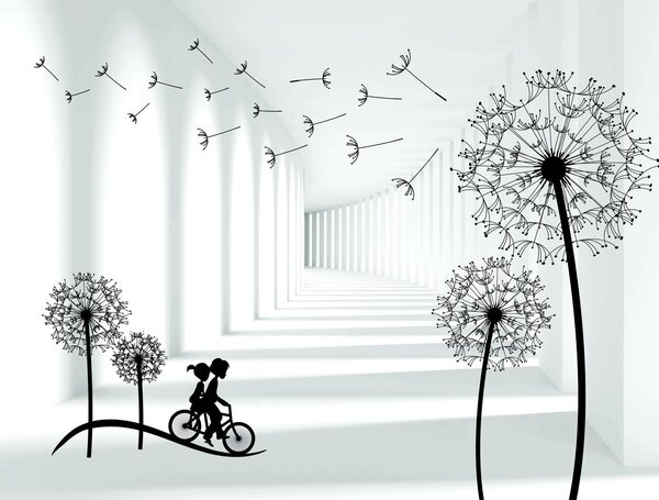 Fototapet Fata de echitatie o bicicletă într-o cameră cu păpădii, Fototapet 3D, Fototapet populare, u63551 - Tapeko.ro