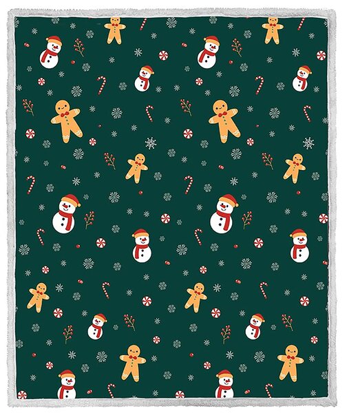 Patura miel de Craciun din microplus SNOWMAN AND GINGERBREAD verde inchis Dimensiuni: 200 x 220 cm