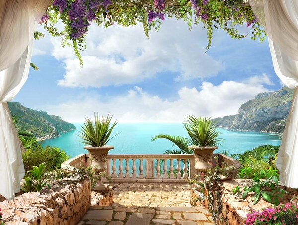 Fototapet Balcon cu plante și vedere la ocean, Fototapet spațiu extins, Fototapet populare, u68055 - Tapeko.ro