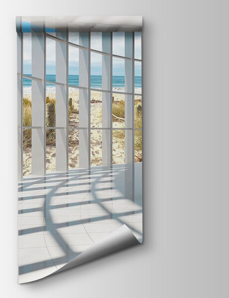 Fototapet Cameră mare cu ferestre și vedere la plajă, Fototapet 3D, Fototapet populare, u70513 - Tapeko.ro