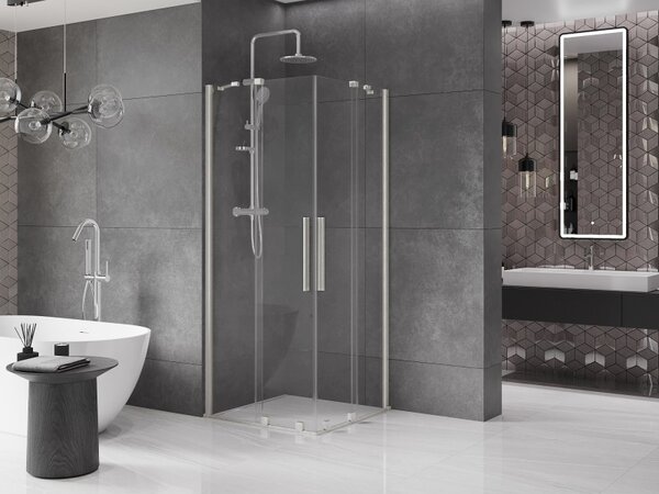 Mexen Velar Duo, cabină de duș cu ușă glisantă 90 x 90 cm, sticlă transparentă de 8 mm, oțel periat, 871-090-090-02-97