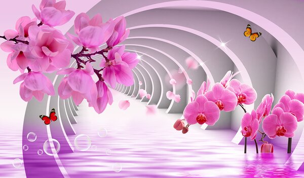 Fototapet Flori roz într-un tunel, Fototapet 3D, Fototapet populare, u70606 - Tapeko.ro