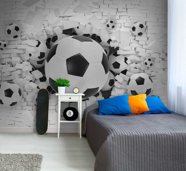 Fototapet Grup de mingi de fotbal într-o grămadă de cărămizi, Fototapet 3D, Fototapet populare, u70633 - Tapeko.ro