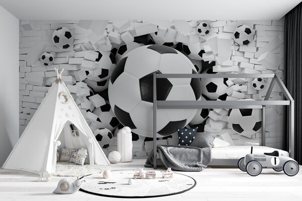 Fototapet Grup de mingi de fotbal într-o grămadă de cărămizi, Fototapet 3D, Fototapet populare, u70633 - Tapeko.ro