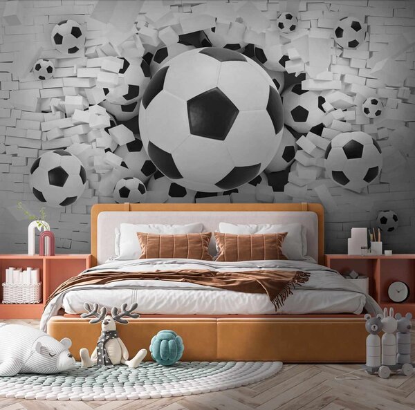 Fototapet Grup de mingi de fotbal într-o grămadă de cărămizi, Fototapet 3D, Fototapet populare, u70633 - Tapeko.ro