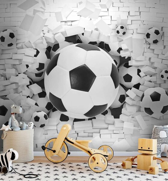 Fototapet Grup de mingi de fotbal într-o grămadă de cărămizi, Fototapet 3D, Fototapet populare, u70633 - Tapeko.ro