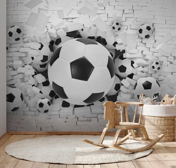 Fototapet Grup de mingi de fotbal într-o grămadă de cărămizi, Fototapet 3D, Fototapet populare, u70633 - Tapeko.ro