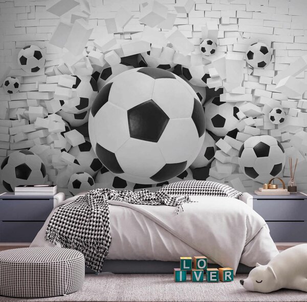 Fototapet Grup de mingi de fotbal într-o grămadă de cărămizi, Fototapet 3D, Fototapet populare, u70633 - Tapeko.ro