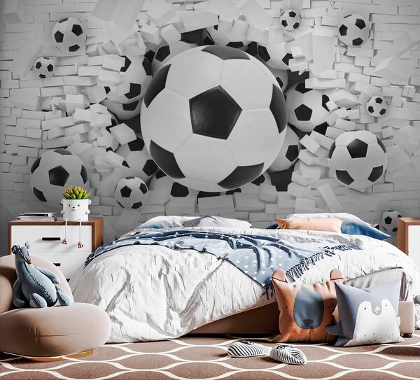 Fototapet Grup de mingi de fotbal într-o grămadă de cărămizi, Fototapet 3D, Fototapet populare, u70633 - Tapeko.ro