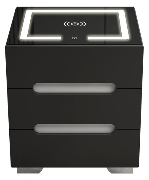 Noptieră inteligentă multifuncțională, 3 sertare, iluminare LED-uri Touch, 3 tipuri de culoare, încărcare fără fir, Difuzor Bluetooth, incarcare USB, sticla securizata, Negru