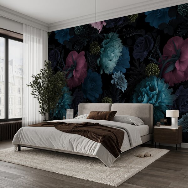 Fototapet Model floral vibrant pe fundal negru, Fototapet bujori, Fototapet populare, u72221 - Tapeko.ro