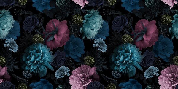 Fototapet Model floral vibrant pe fundal negru, Fototapet bujori, Fototapet populare, u72221 - Tapeko.ro