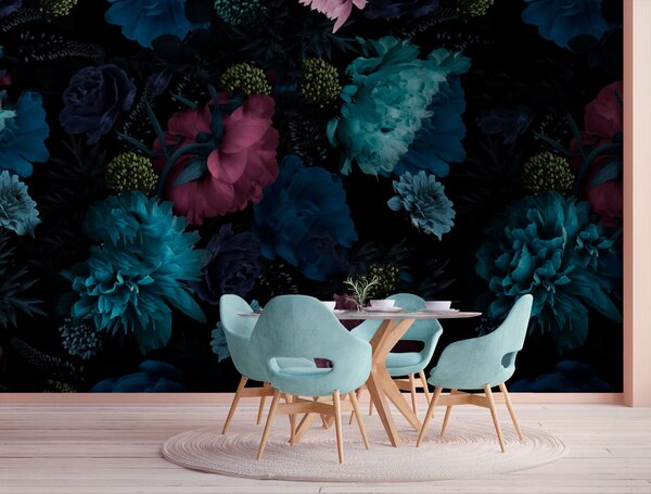 Fototapet Model floral vibrant pe fundal negru, Fototapet bujori, Fototapet populare, u72221 - Tapeko.ro