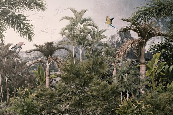 Fototapet Pădure tropicală cu palmieri și o pasăre care zboară, Fototapet jungle, Fototapet populare, u72413 - Tapeko.ro