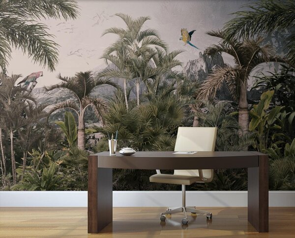 Fototapet Pădure tropicală cu palmieri și o pasăre care zboară, Fototapet jungle, Fototapet populare, u72413 - Tapeko.ro