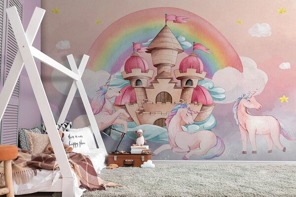 Fototapet Unicorni și un castel, Fototapet copii, Fototapet populare, u72545 - Tapeko.ro