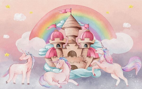 Fototapet Unicorni și un castel, Fototapet copii, Fototapet populare, u72545 - Tapeko.ro