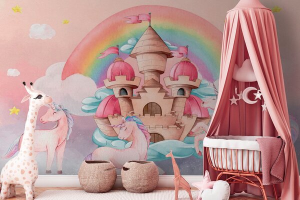 Fototapet Unicorni și un castel, Fototapet copii, Fototapet populare, u72545 - Tapeko.ro